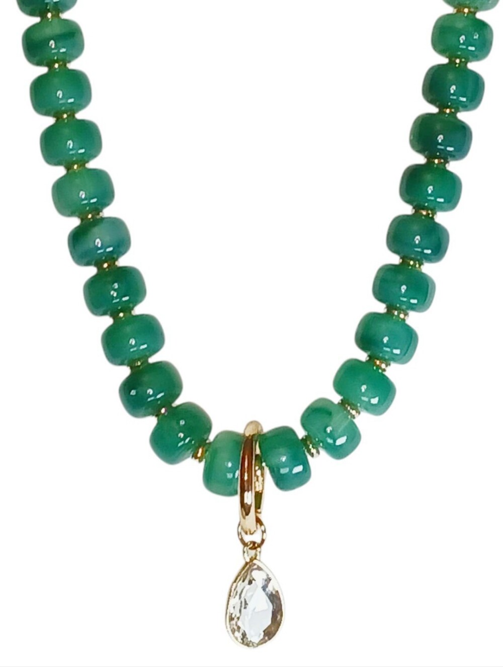 Chunky Green Beaded Necklace Crystal Teardrop Pendant Coquette Fairycore 1980s
